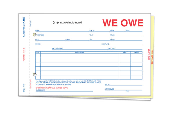 "We Owe" Forms - 100CT