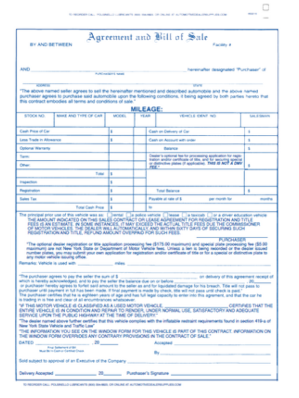 Bill of Sale Agreements NYS **NEW & UPDATED** - 100 CT