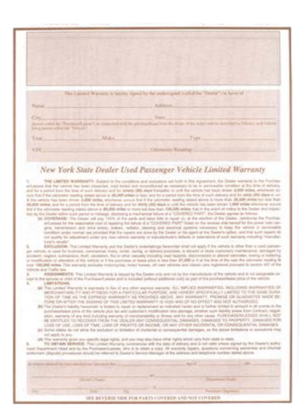 Lemon Law Warranty Form NYS - 100 CT