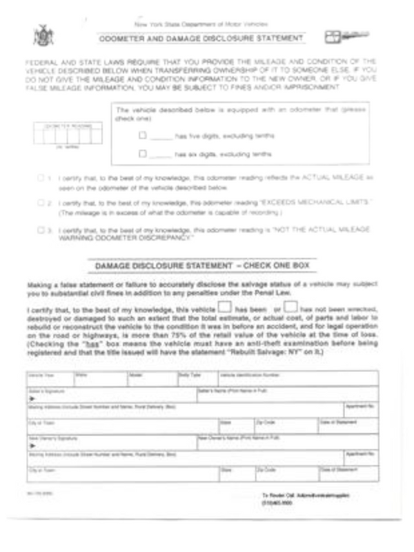 NYS Odometer Statement - 100 CT